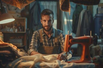 Male seamstress at home, the man sits at the sewing machine and looks at the camera