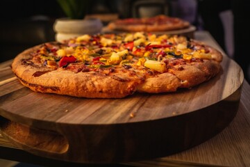 Vegetable topping pizza on a wooden pizza board.