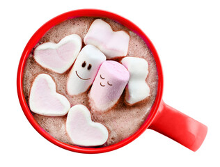 A couple in love made of marshmallows with hearts in a red cup with hot chocolate