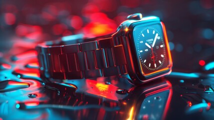 Render a sleek, modern smartwatch in a photorealistic setting.