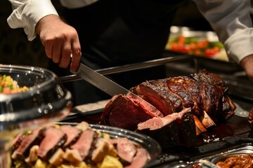 waiter slicing a prime rib at a carving station during a buffet - obrazy, fototapety, plakaty