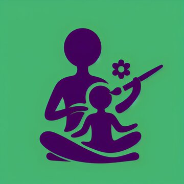image of two purple silhouetted stick figures, one figure is sitting cross-legged, and the smaller figure is holding a flower