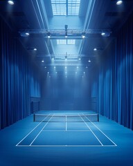 Creative image of empty indoor tennis court with curtains of light blue fabric.