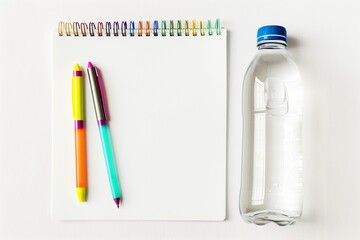 a glass water bottle and a colorful pen set on a blank white notepad