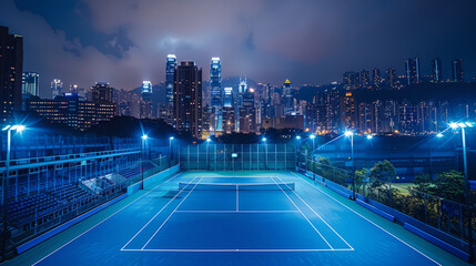 Beautiful view of empty tennis court with cityscape and tall buildings on background in the evening...