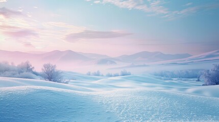 Serenity in Soft Snow: tranquil winter landscape with softly rolling hills and distant mountains dusted in pastel shades of snow.