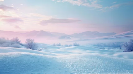 Papier Peint photo autocollant Rose clair Serenity in Soft Snow: tranquil winter landscape with softly rolling hills and distant mountains dusted in pastel shades of snow.