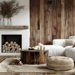 Tree stump coffee table near white sofa and pouf against wood paneling wall with fireplace and stack of firewood. Scandinavian style- 3d render.