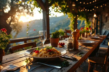 Cozy outdoor café summer terrace overlooking picturesque Italian landscape illuminated by warm evening sunlight. Close-up of rustic wooden table with a plate of Spaghetti and a glass of white wine. © Ulubek