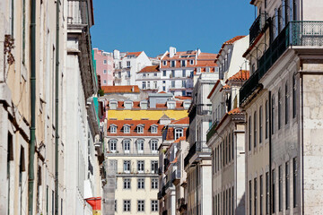 street view with old buildings in Lisbon, Portugal - 768821572