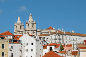 cityscape of old buildings with blue ocean at Lisbon viewpoint - 768821591