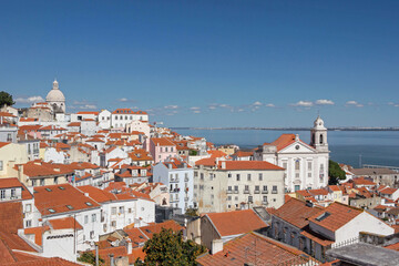 cityscape of old buildings with blue ocean at Lisbon viewpoint - 768821729