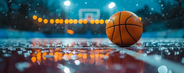 Close-up view of an orange basketball on a outdoor basketball court on a rainy night under street lighting. Development and popularization of mass sports and active leisure in the urban environment.