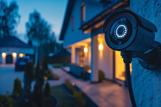 Home security IoT setup, smart cameras and systems in action, safe and modern house, peaceful night , cinematic