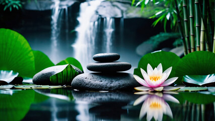 Spa still life with lotus flower and zen stones.