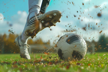 Football soccer foot ball on grass field on stadium. feet of soccer player for kick-off  - obrazy, fototapety, plakaty