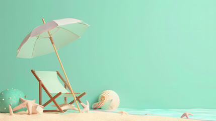 Summer Beach Relaxation Scene with Chair, Umbrella, and Sea Shells