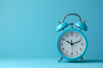 A blue clock face with an alarm set, on a blue background with copy space