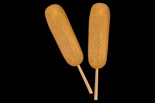 Two corn dogs on a black background