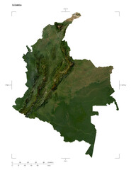 Colombia shape isolated on white. Low-res satellite map