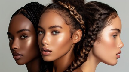 Close-up portrait of three young multiethnic women with stylish hairdo. Charming dark-skinned girls with thin African braids, gathered into a hairstyle. Diversity and ethnic style in street fashion. - obrazy, fototapety, plakaty