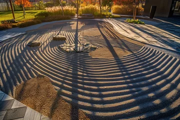 Fototapeten sunlight casting shadows on a zen garden at sunrise © studioworkstock