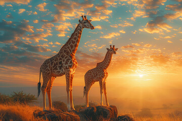 Mother giraffe and six week old baby calf standing together on a hilltop looking out into sunrise in partially cloudy sky
