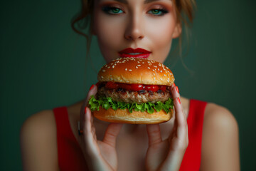 Food pop art photography. Cropped image of woman eating burger on red tablecloth isolated over...
