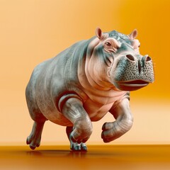 Obraz premium Leaping hippo on vibrant yellow backdrop. Digital illustration of a hippopotamus jumping in mid-air, isolated against a yellow background