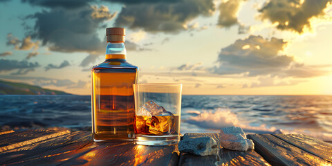 Whiskey by the Sea Tabletop Tranquility with Ice, Stunning 3d Render Of Whiskey And Ice By The Beachside Background, A serene meditation session on the beach followed by glasses of rum punch.



 - obrazy, fototapety, plakaty