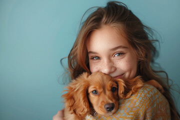 Portrait of beautiful girl embracing cute puppy dog over blue background - obrazy, fototapety, plakaty