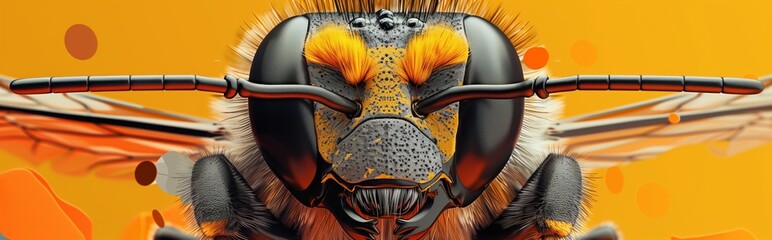 Close-up panorama of a bee's head: detailed panoramic macro image of a bee featuring its compound eyes, antennae, and delicate wings