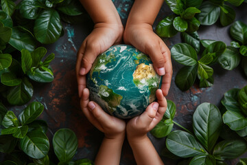 World Earth Day Concept. Green Energy, ESG, Renewable and Sustainable Resources. Environmental Care. Hands of People Embracing a Handmade Globe. Protecting Planet Together. Top View