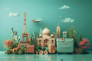 Travel Concept with Plane, Famous Landmark World, and Traveling luggage