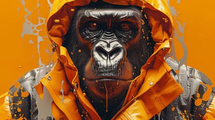 Stylish gorilla in sportive hooded jacket: Close-up of a monkey wearing an orange sportive outerwear with hood against a vibrant orange backdrop