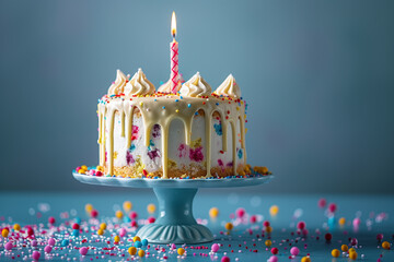 Celebration birthday cake decorated with white drip icing, buttercream frosting swirls, colorful sugar sprinkles and one birthday candle against a plain blue background 