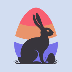 Zajączek wielkanocny. Królik i kolorowe jajko. Wielkanocna ilustracja w prostym stylu na kartki świąteczne, banery, życzenia i do innych projektów.