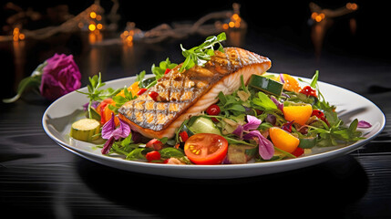 Food glorious food created to make you satiated and deliver maximum nutrition - a full plate of mixed salad with a fillet of salmon on top and garnish against a dark romantic background  - 768823156