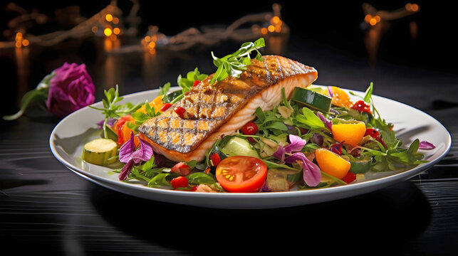 Food glorious food created to make you satiated and deliver maximum nutrition - a full plate of mixed salad with a fillet of salmon on top and garnish against a dark romantic background 