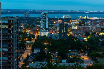 Stunning aerial Blue Hour Long Exposure of Downtown Hamilton, Ontario