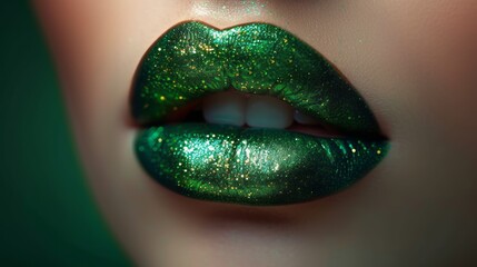 Emerald Green Lips with Sparkling Gold Accents - High Fashion Makeup