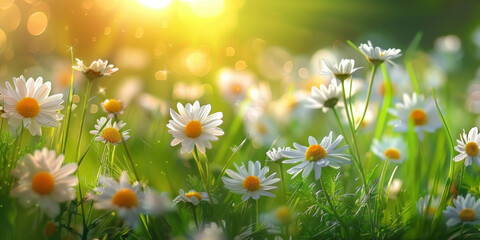  A beautiful spring summer meadow Chamomile flowers at sunset or sunrise. Natural colorful panoramic landscape with many wild flowers of daisies against blue sky.banner