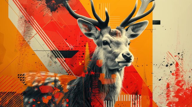 A deer with yellow and red abstract background: buck portrait with antlers in a modern art style with colorful and bold design. Wildlife illustration with contemporary graphic and digital art elements