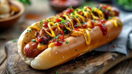 Close-up of tasty hot dog with grilled sausage, mustard and ketchup on wooden serving tray. Most...