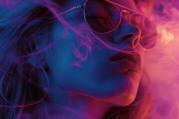 Fantasy abstract close-up portrait of a beautiful young woman in sunglasses. Double exposure with a colorful digital paint splash. Light painting effect.