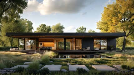 Modern eco-style wooden cottage exterior. Panoramic windows, spacious terrace, landscape design....