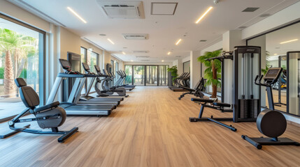 Interior of modern fitness gym. Wide range of equipment: treadmills, exercise bikes, weight machines. Bright spacious empty room for fitness classes. Healthy lifestyle concept. - obrazy, fototapety, plakaty