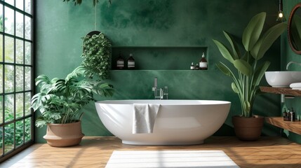 Chic Green Bathroom with Modern Amenities and Artistic Decor