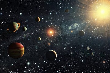 many planets in the sky with bright light