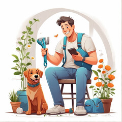Happy Father's Day, dad playing with his dog, feeling happy and warm, cartoon illustration.